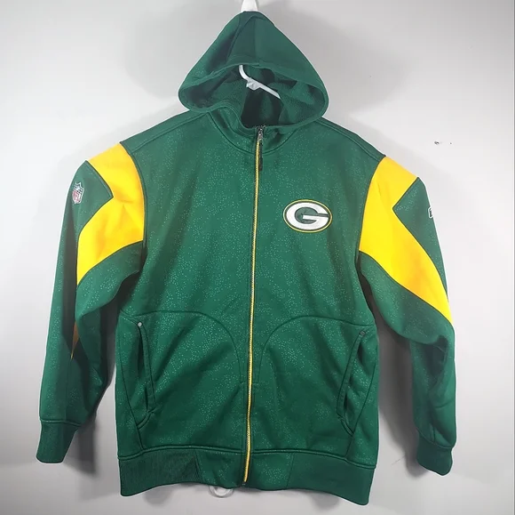 VTG Reebok Green Bay Packers On Field Zip Up Hoodie Mens Large Green Yellow  EUC